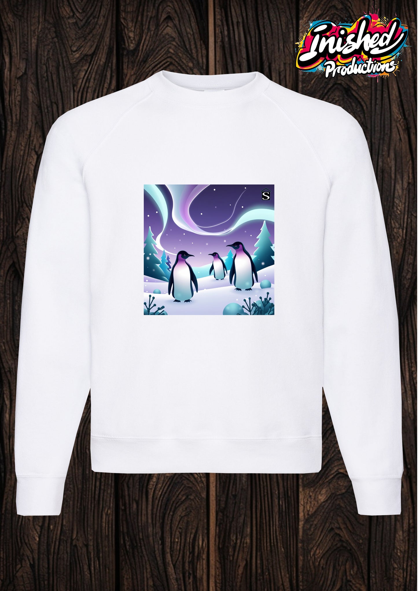 Christmas Penguin Northern Lights unisex white Classic Sweatshirt 151