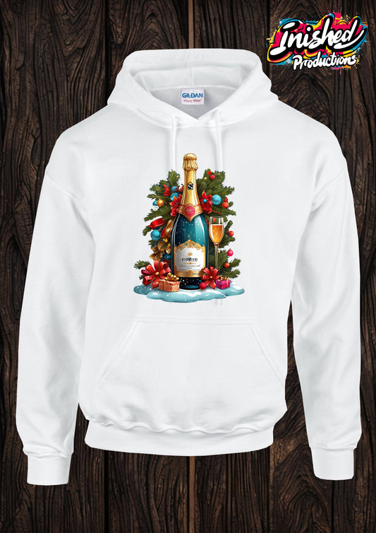 Christmas Bottle of fizz Unisex adult white Hooded top 150